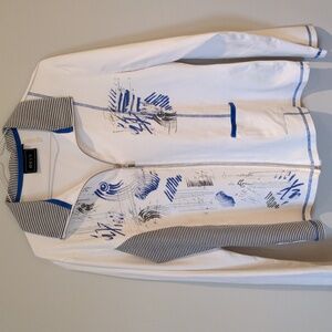 Orly White Blue Stripe Zip Up Lightweight Cotten Jacket Size Large